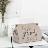 Beige PU tissue box cover with 'Love Grows Here' design, rectangular facial tissue holder for home decor