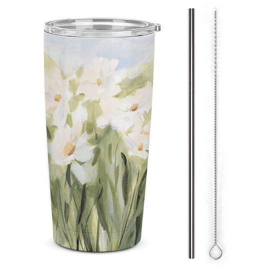 Stainless steel tumbler with white floral art design, coffee travel mug. Great birthday or Christmas gift.