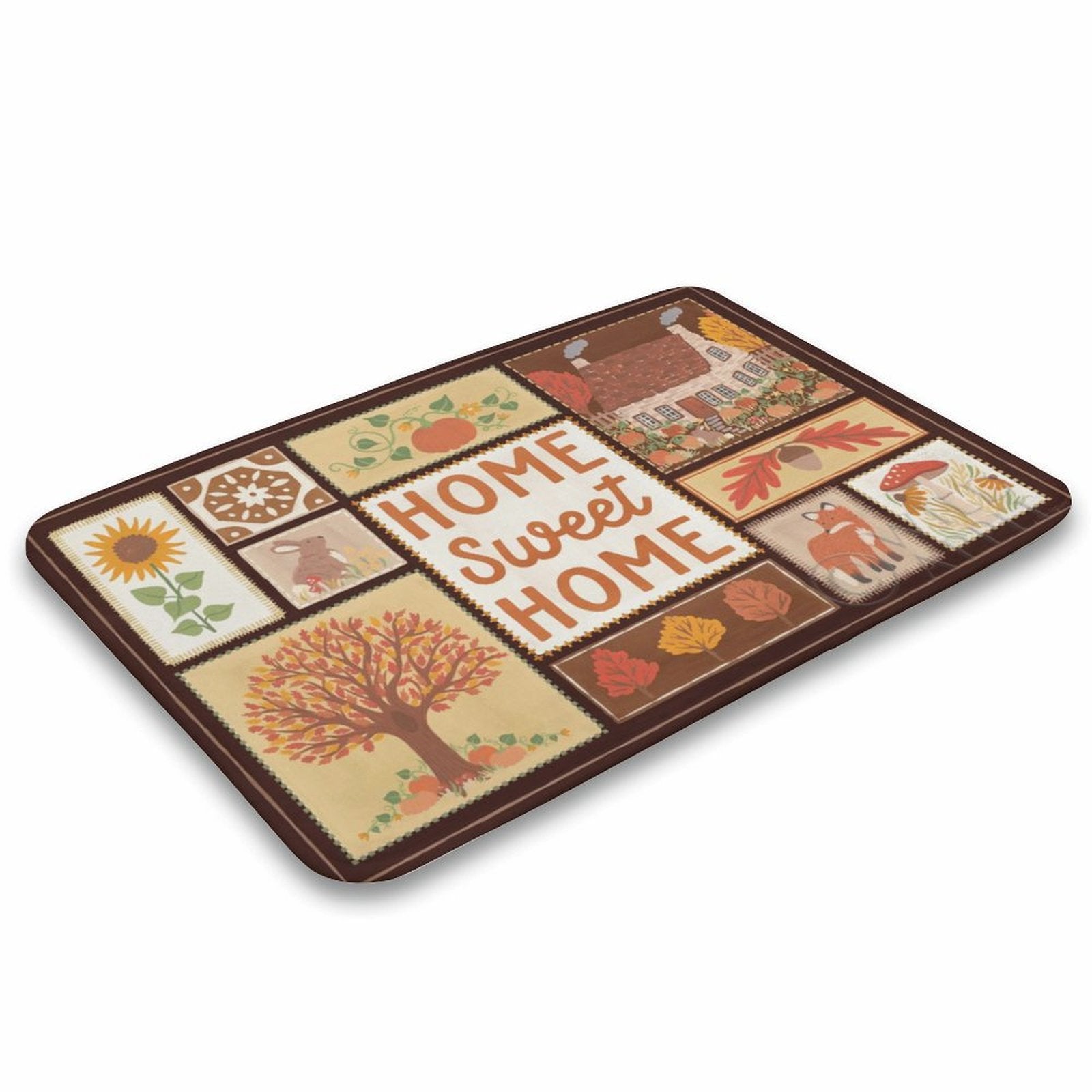 Coral velvet bath rug with 'Home Sweet Home' design, featuring autumn theme elements, non-slip and absorbent.