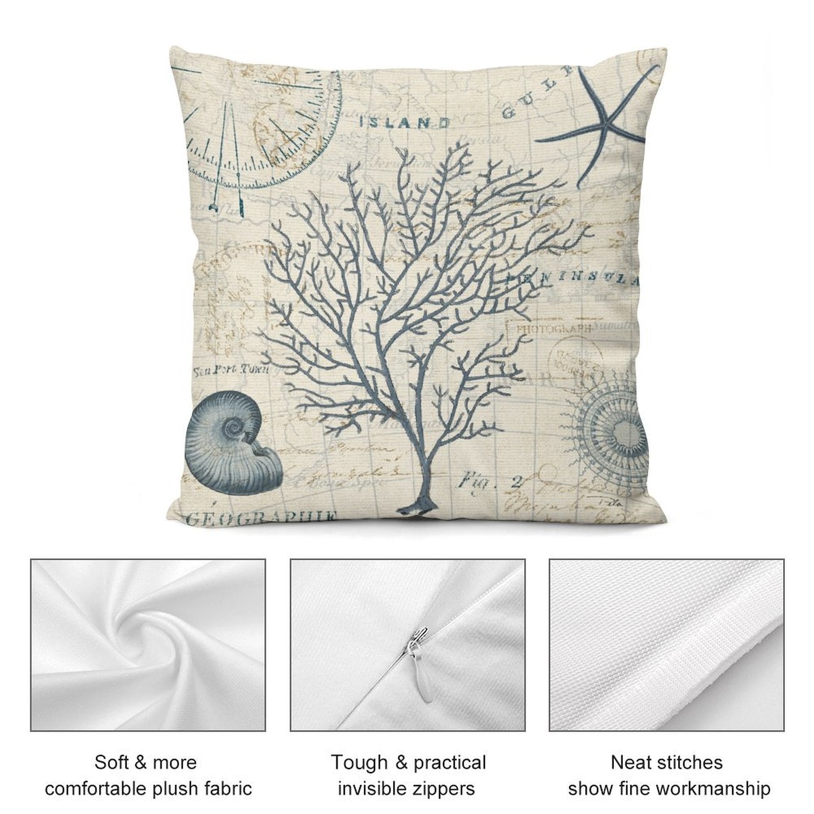 Plush pillow cover with vintage map, coral & seashell design; soft, durable, & perfect for couch or sofa.