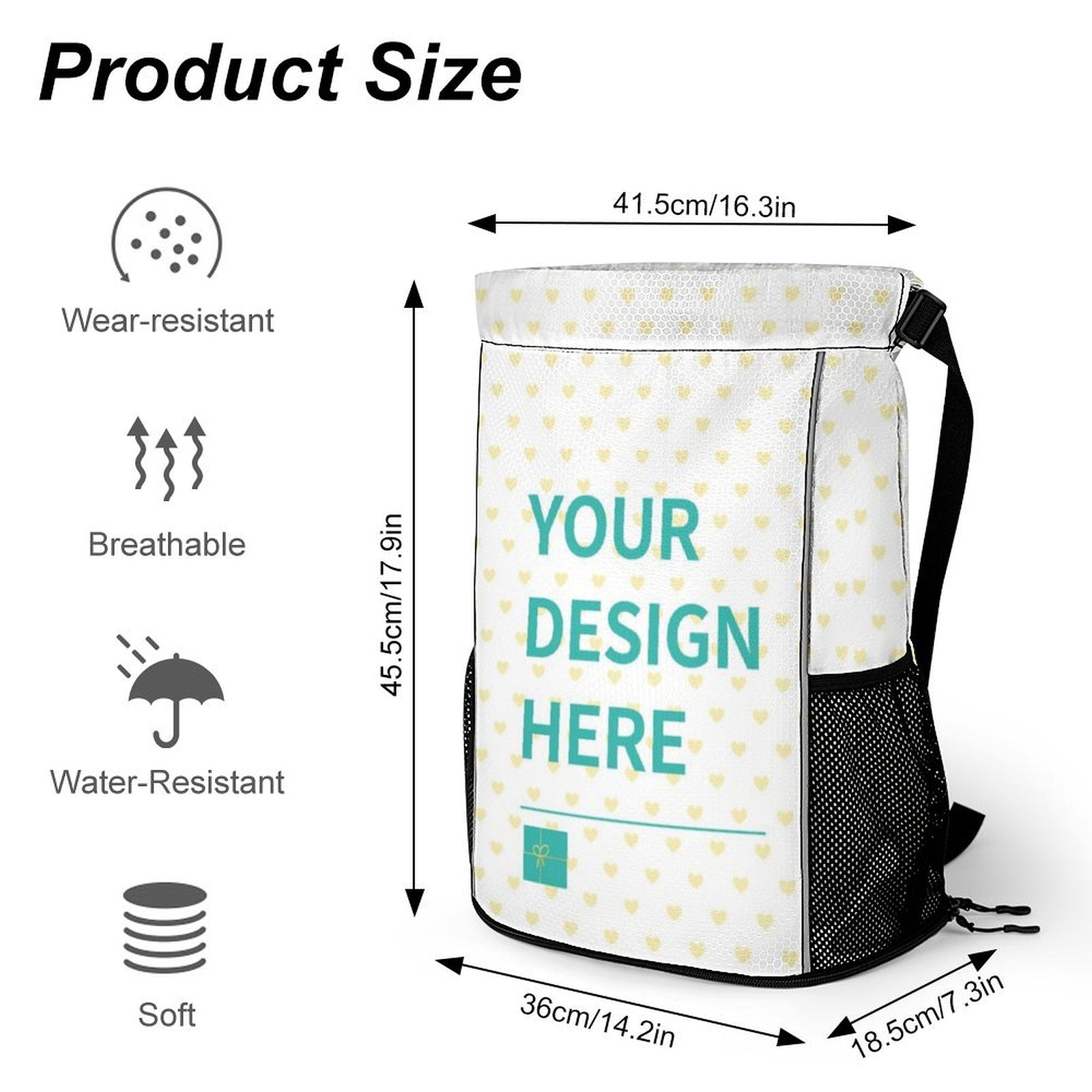 Custom cinch bag, 'YOUR DESIGN HERE'. Ideal for gym/travel. Features wear-resistant, breathable, water-resistant fabric.