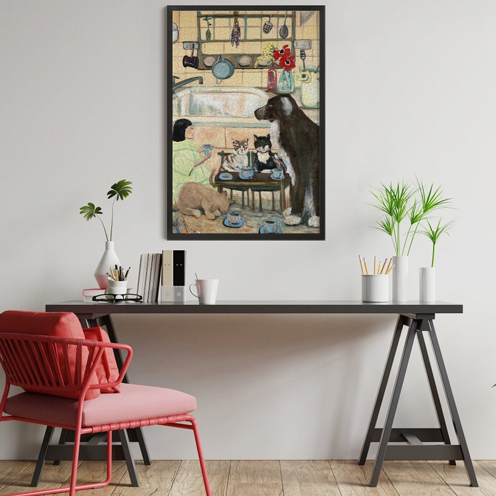 1000-piece wooden jigsaw puzzle, cat and dog tea party scene, family game nights at home