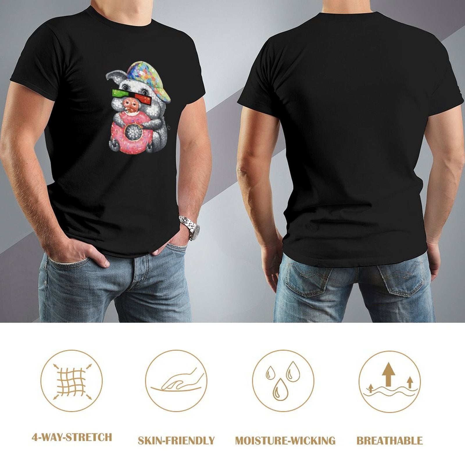 MyArtsyGift Men's black t-shirt with pig graphic, featuring 4-way stretch, breathable, and moisture-wicking fabric.