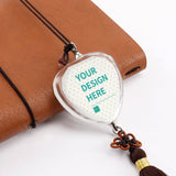 Personalized glass car pendant with custom design area, heart-shaped, Chinese knot, and tassel; MyArtsyGift