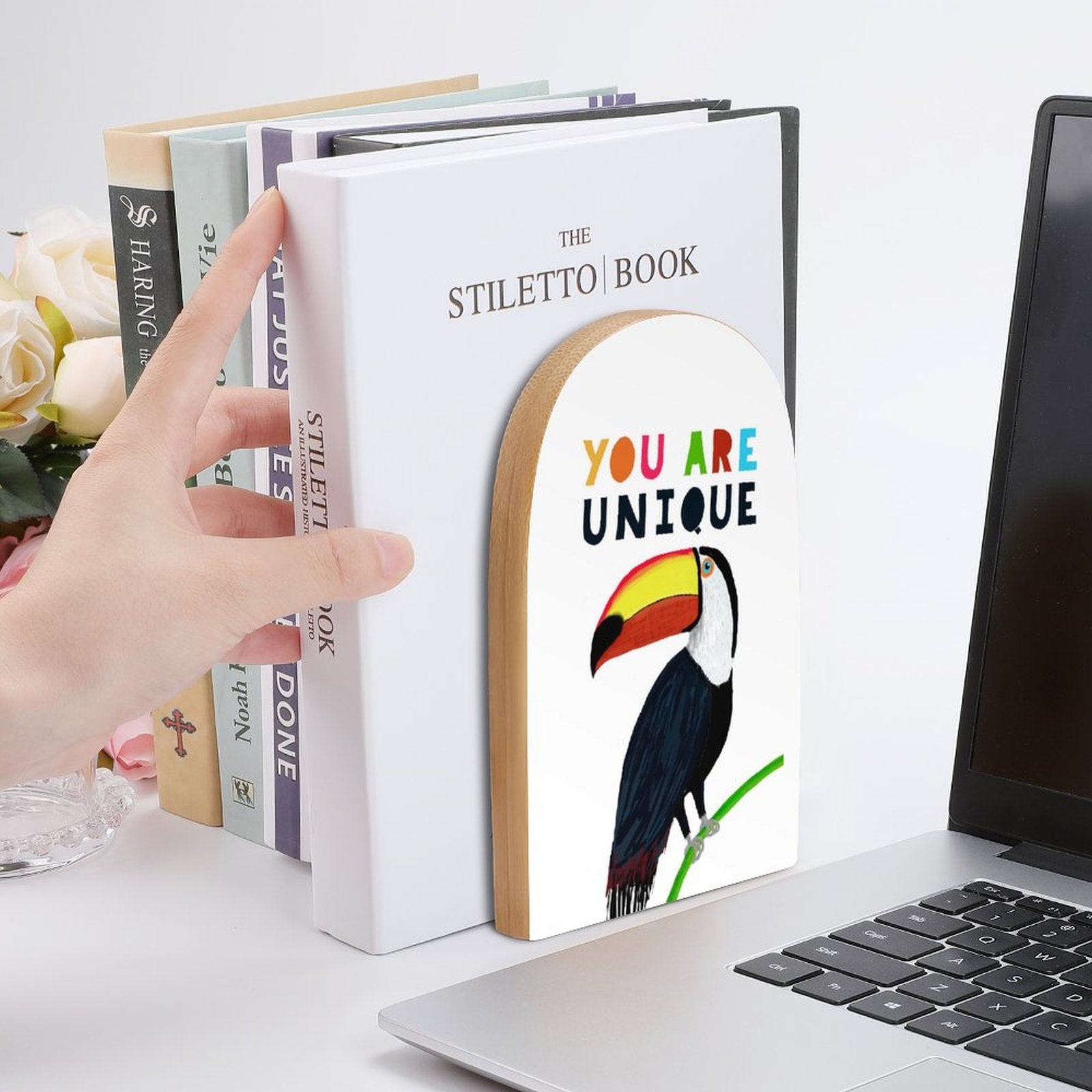 Beech wood toucan bookends with 'YOU ARE UNIQUE' message, book holders for library or office, a gift.