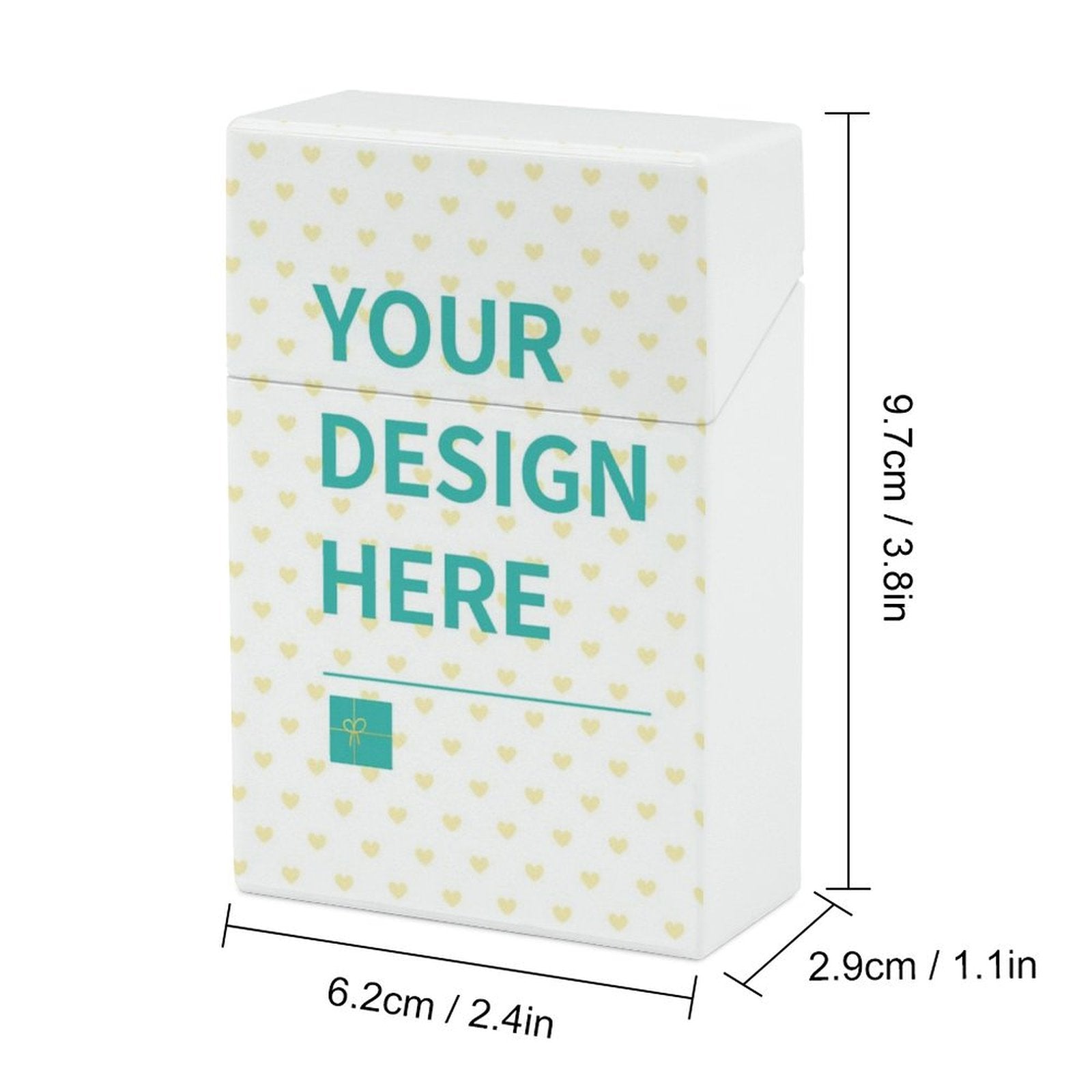 Customizable cigarette case with "YOUR DESIGN HERE" text, plastic. Perfect gift for men and women