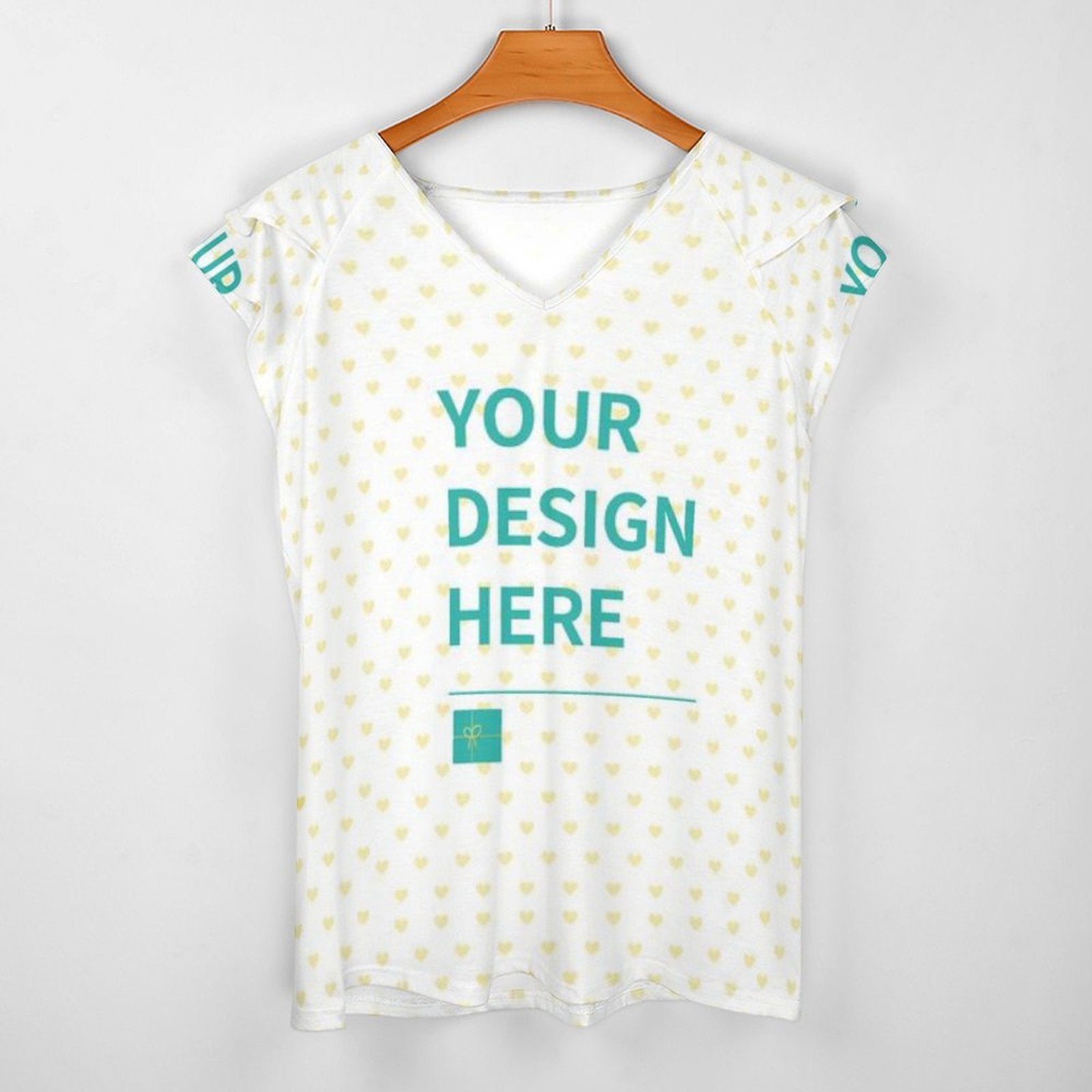 Custom V-neck ruffle sleeve t-shirt with 'Your Design Here' text, perfect summer gift.