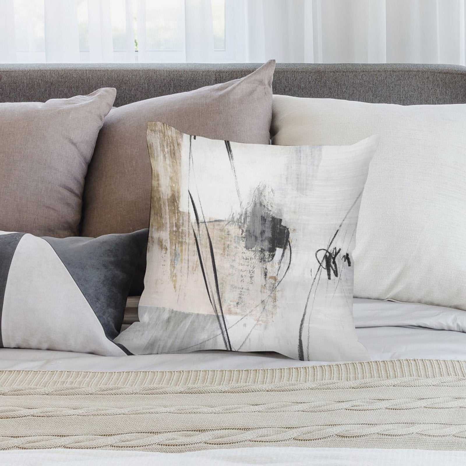Abstract art plush pillow cover for sofa, couch, with neutral colors, MyArtsyGift