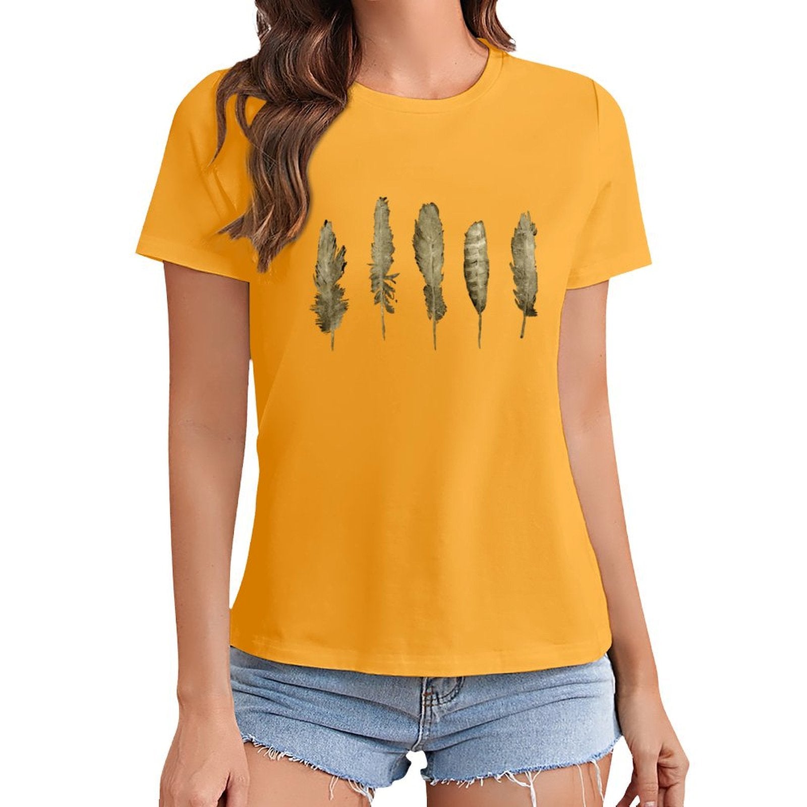 Yellow women's t-shirt with gold feather graphic print, MyArtsyGift.