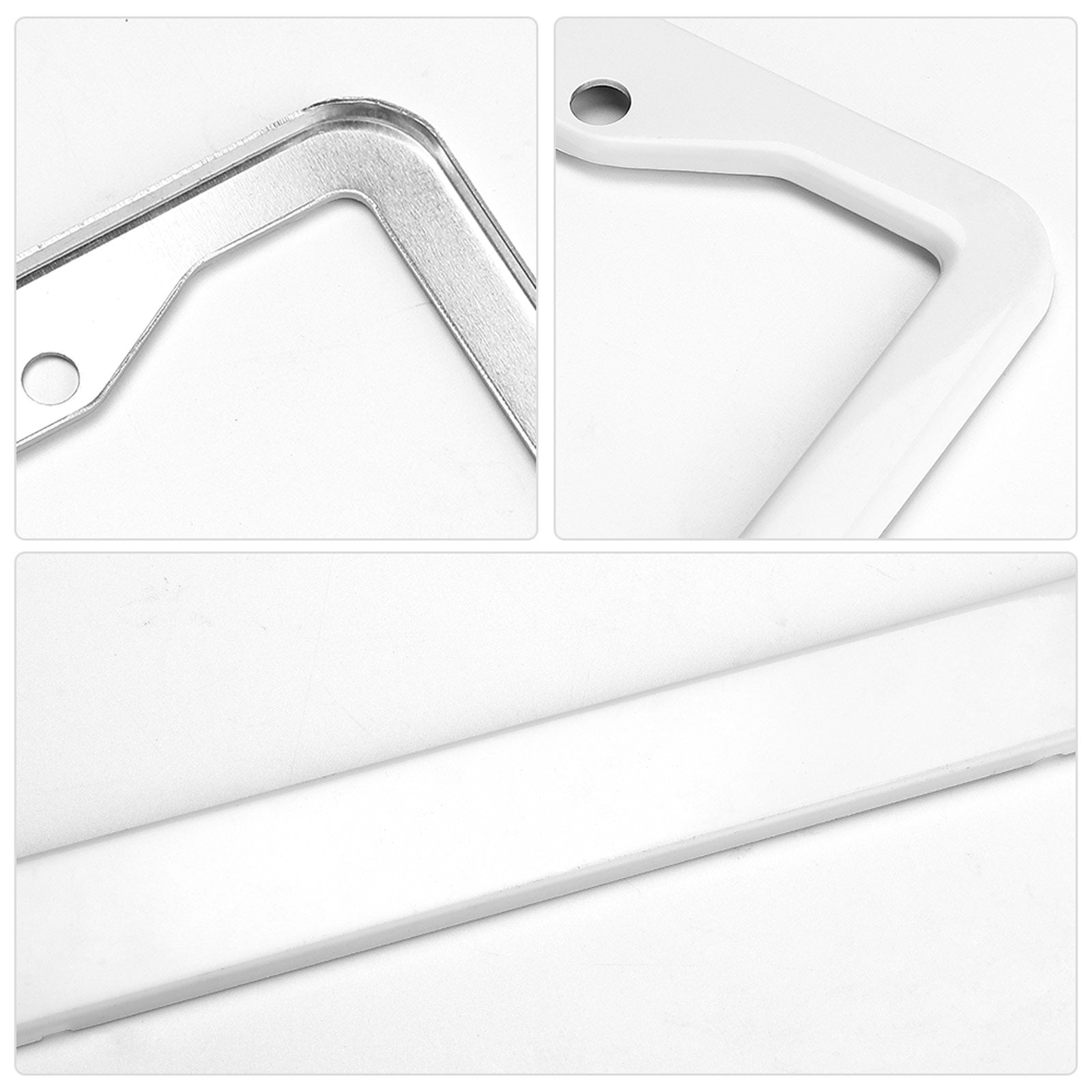 Detailed view of a white custom license plate frame, showing aluminum construction and design details. Perfect gift.