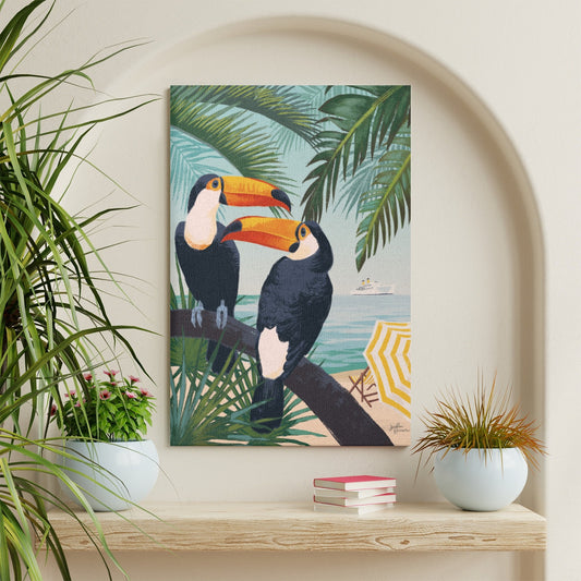 Modern wall art canvas print featuring toucans on a beach scene for home decor