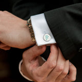 Custom cufflinks on a man's shirt, "YOUR DESIGN HERE" alloy cufflinks, perfect for wedding or tuxedo shirts.