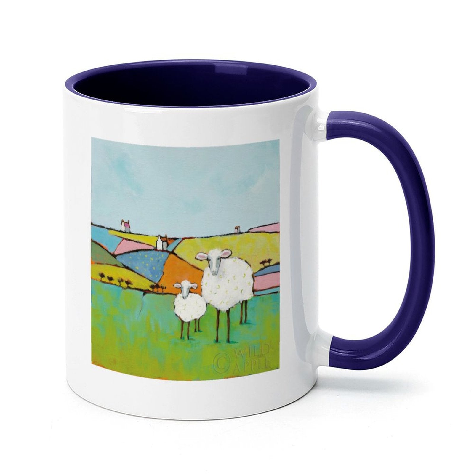 White ceramic mug with sheep art, navy interior and handle, perfect gift from MyArtsyGift, Wild Apple design.