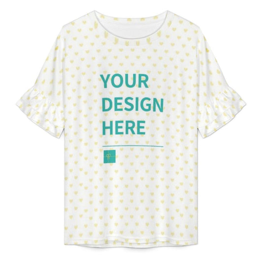 Customizable round neck short sleeve T-shirt with Your Design Here text and heart pattern