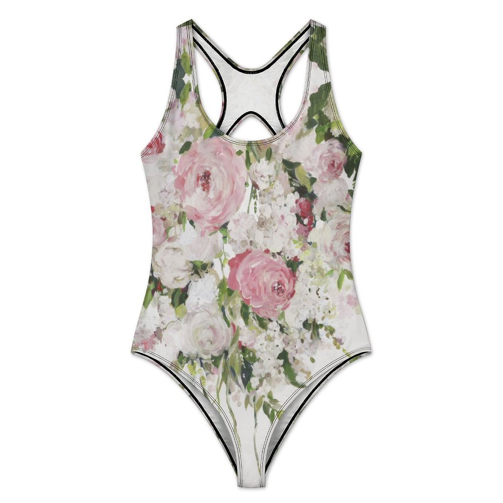 Floral one-piece swimsuit featuring pink roses. Comfortable and stylish swimwear for summer at MyArtsyGift.