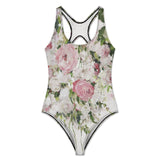 Floral one-piece swimsuit featuring pink roses. Comfortable and stylish swimwear for summer at MyArtsyGift.