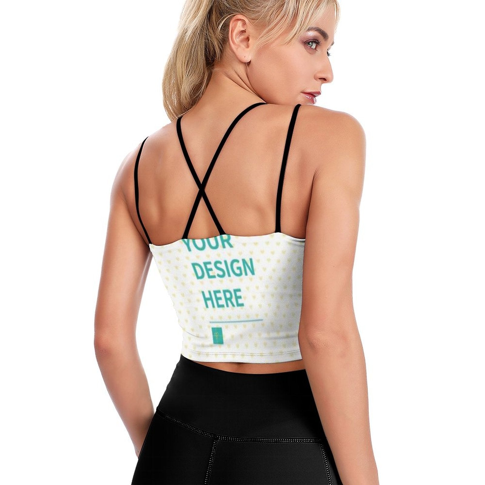 Custom yoga top for women with 'YOUR DESIGN HERE' design, black straps and sports bra
