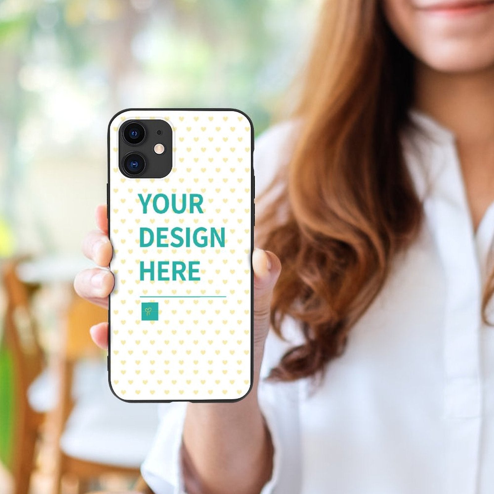 Custom iPhone 11 case with your design, featuring a heart pattern, TPU material from MyArtsyGift