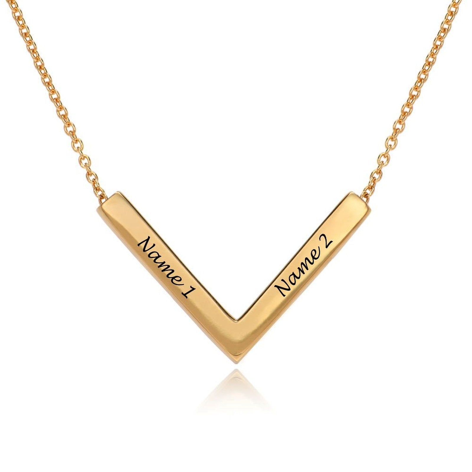 Personalized gold V-shaped bar pendant necklace with engraved names. Custom gift for her.