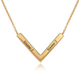 Personalized gold V-shaped bar pendant necklace with engraved names. Custom gift for her.