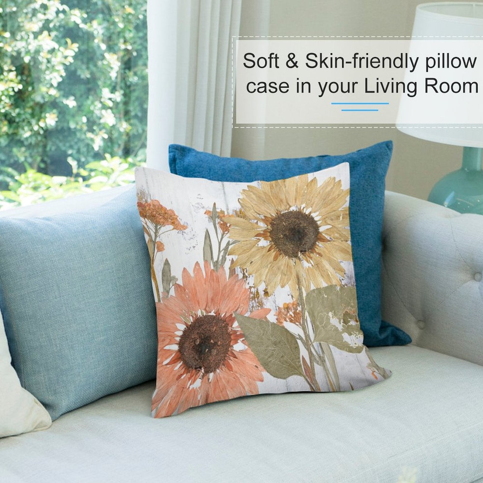 Soft sunflower plush pillow cover in a living room. Decorative and skin-friendly for home decor.