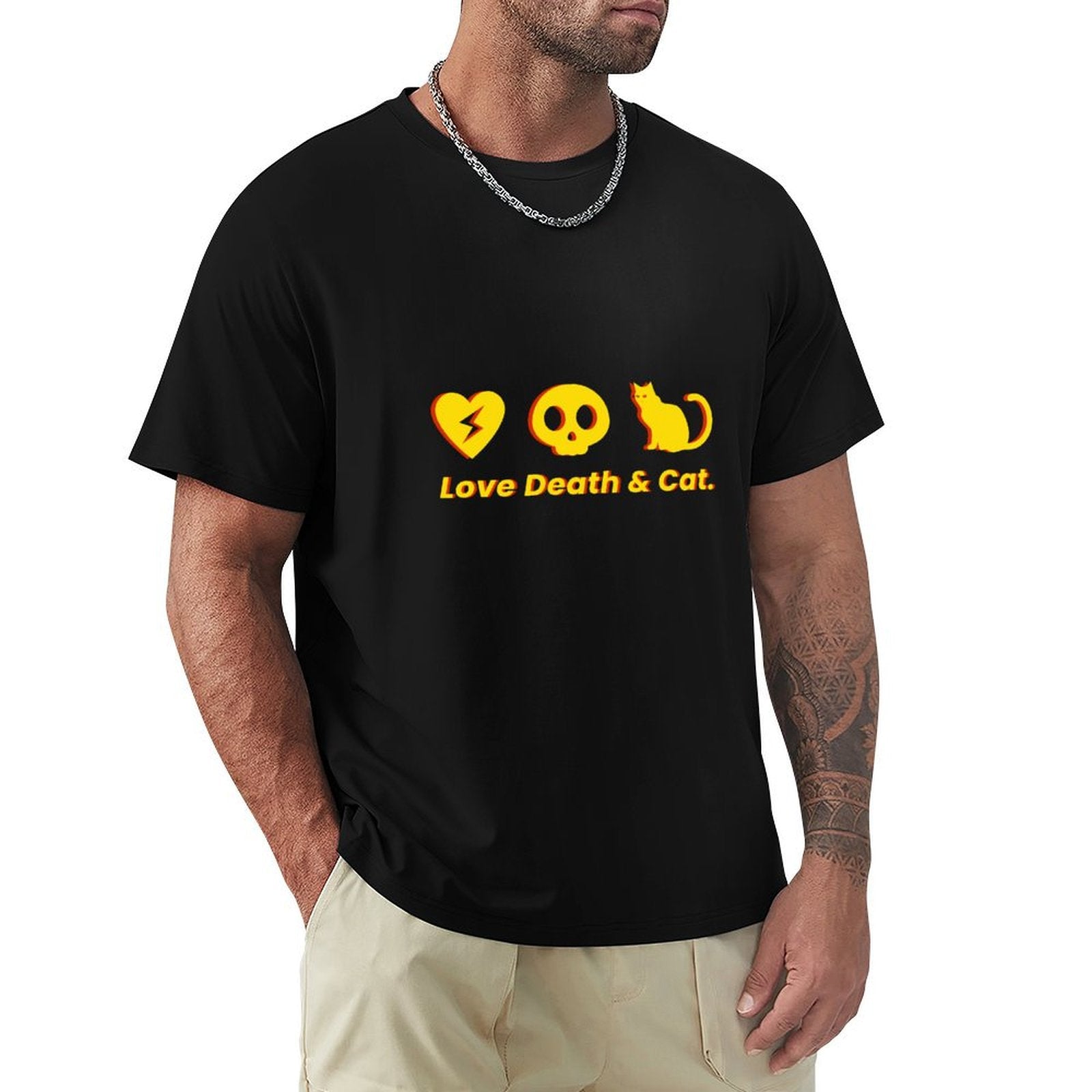 Men's black crew neck t-shirt with Love Death & Cat design, cotton fabric, comfortable and stylish