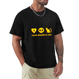 Men's black crew neck t-shirt with Love Death & Cat design, cotton fabric, comfortable and stylish