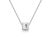 Silver cube pendant necklace with number 1, custom text chain jewelry for men and women