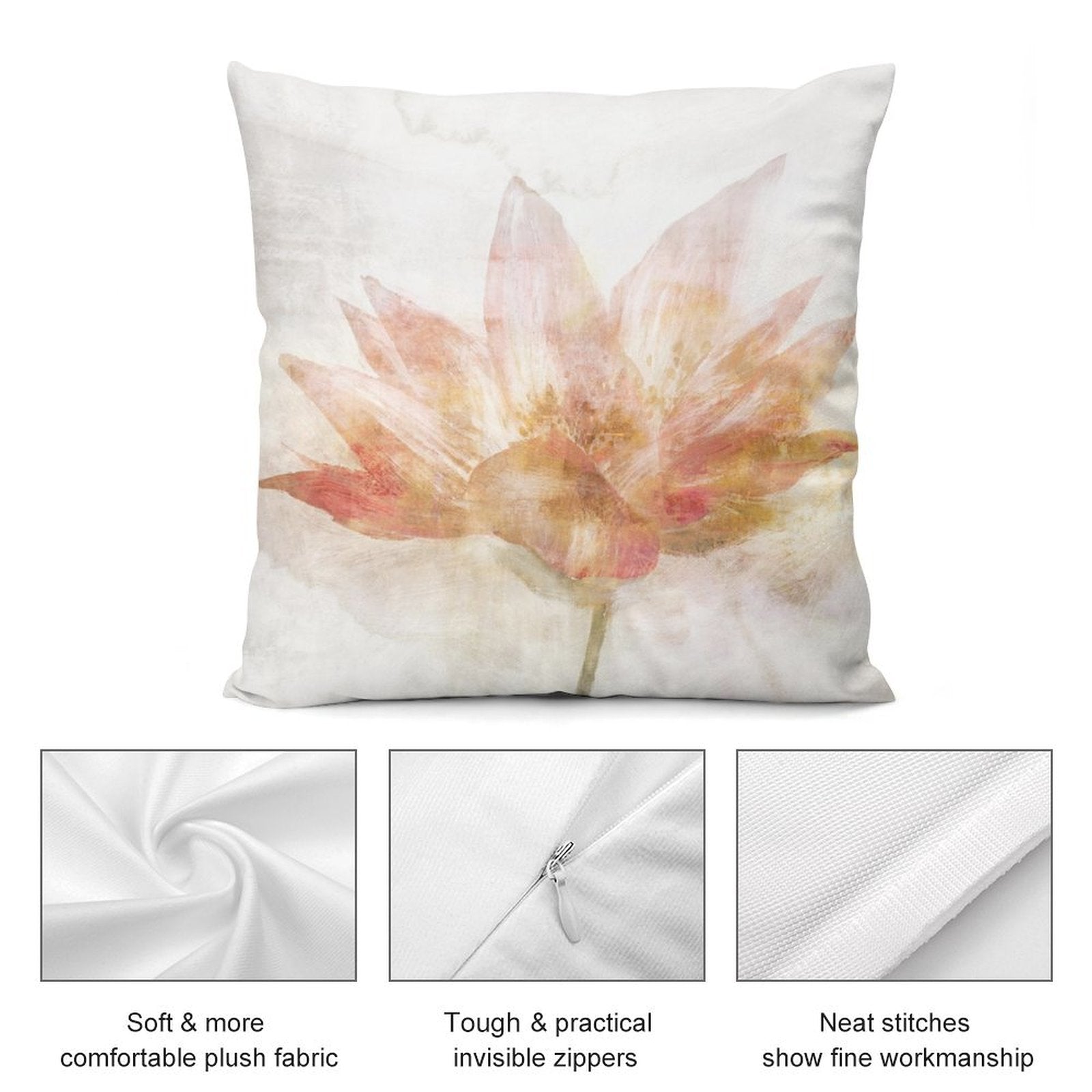 Plush throw pillow cover with peach and pink watercolor floral art, soft plush fabric, invisible zippers, for sofa or couch.