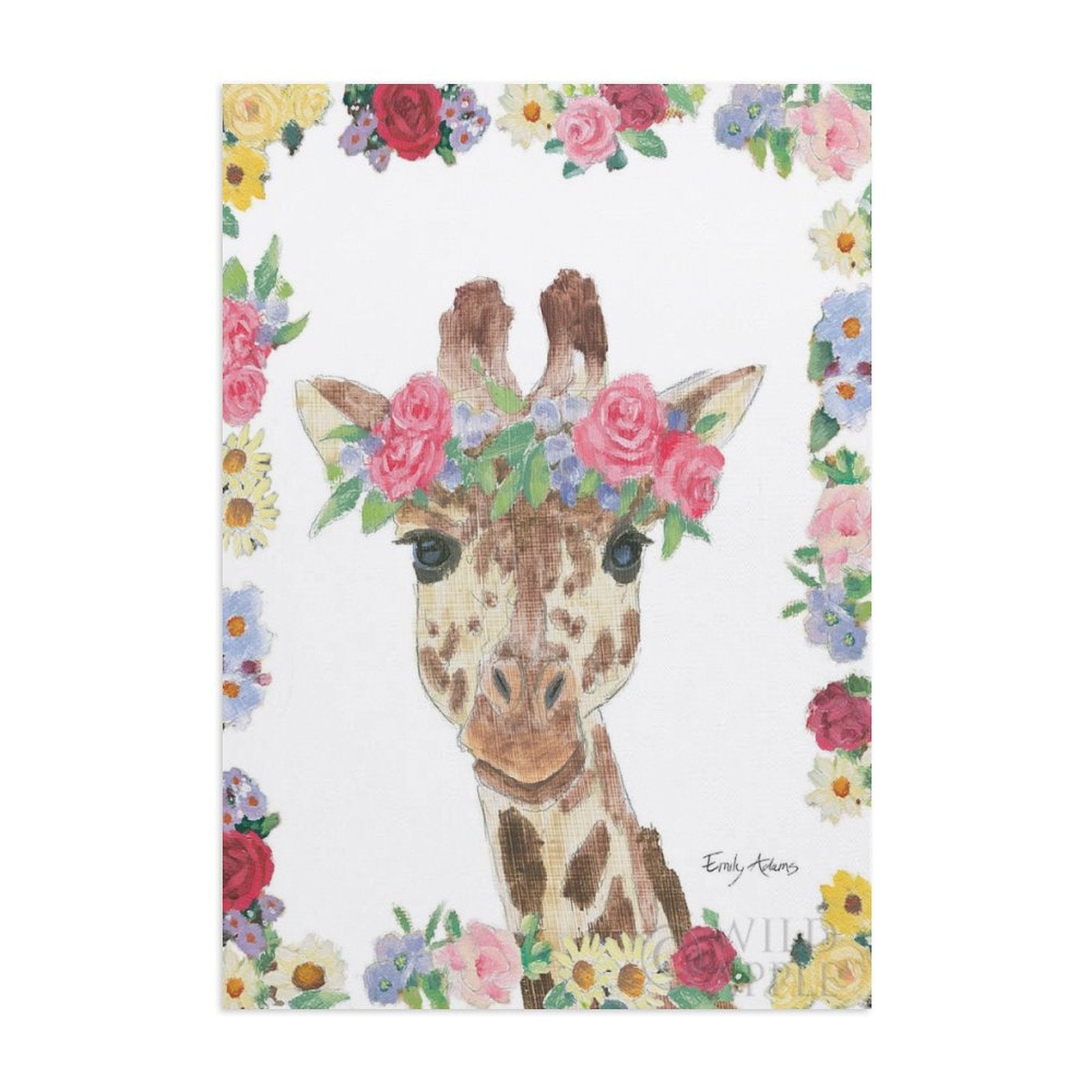 Giraffe canvas print by Emily Adams with floral crown and border, wall art for home decor; Canvas wall art.