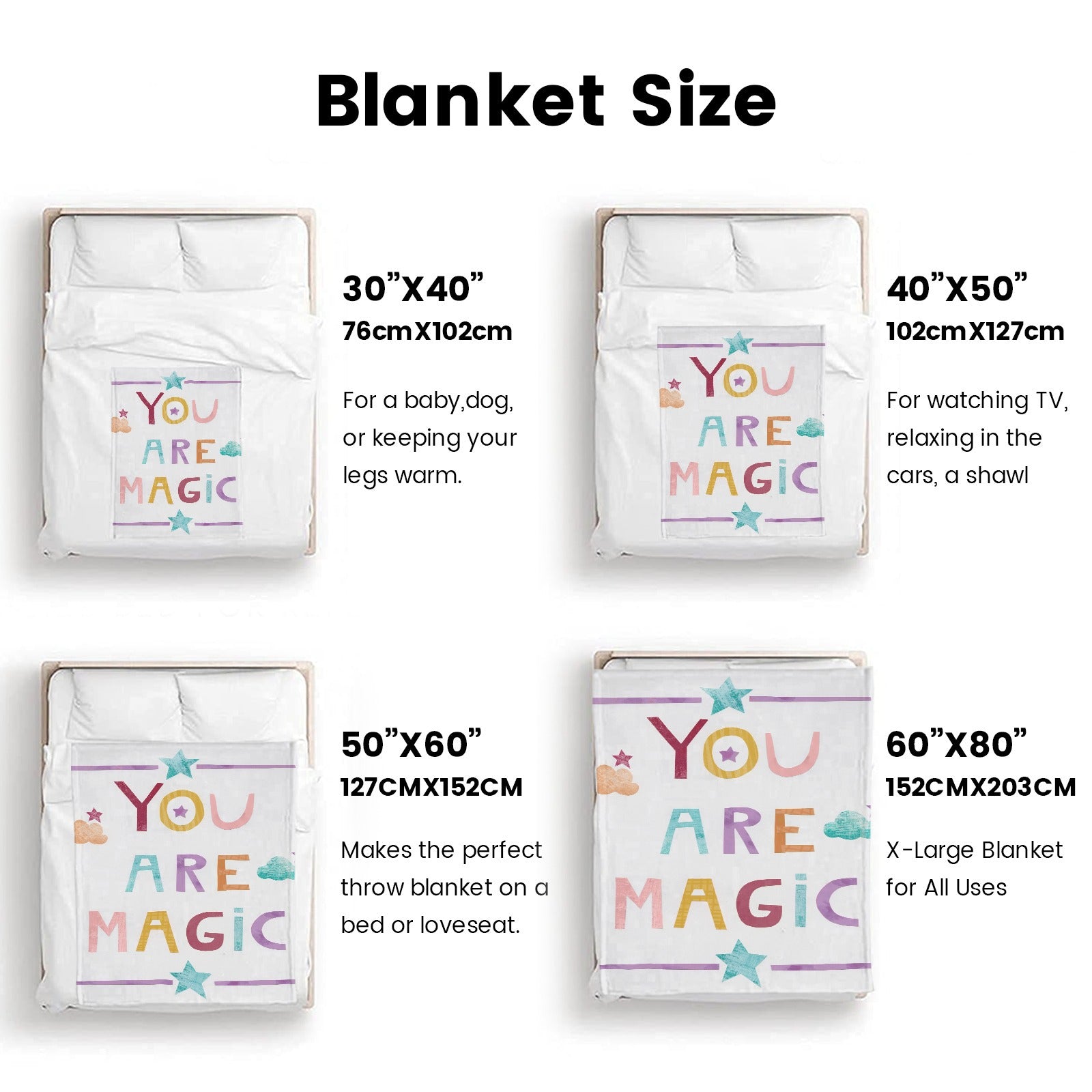 Unicorn Magic Flannel Blanket size guide, with YOU ARE MAGIC text, available in multiple sizes for babies and kids