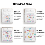 Unicorn Magic Flannel Blanket size guide, with YOU ARE MAGIC text, available in multiple sizes for babies and kids