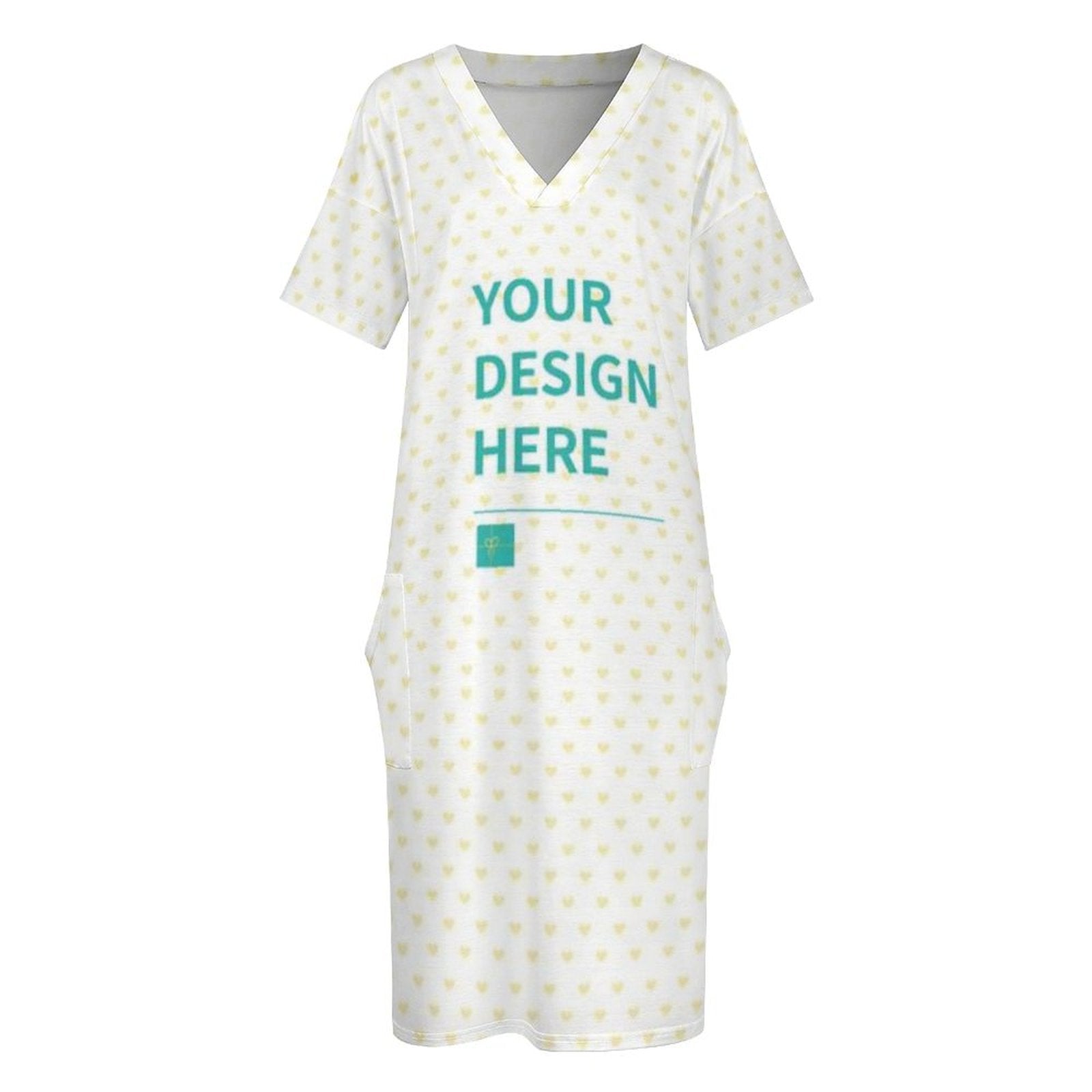Customizable V-neck women's summer dress with pockets and a heart pattern, featuring 'YOUR DESIGN HERE' text.
