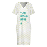 Customizable V-neck women's summer dress with pockets and a heart pattern, featuring 'YOUR DESIGN HERE' text.