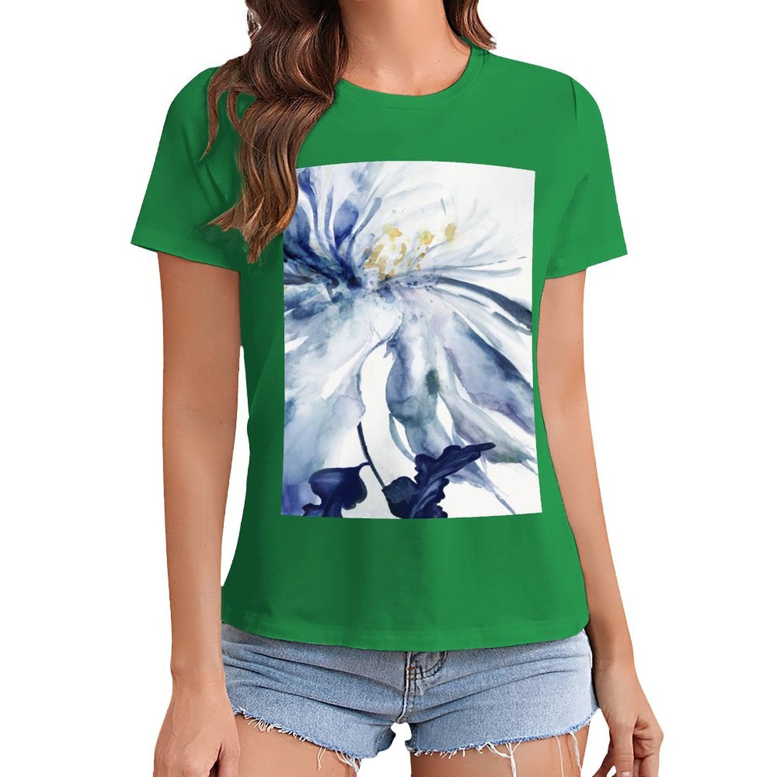 Women's green t-shirt with blue watercolor floral graphic print, MyArtsyGift design, perfect gift