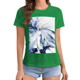 Women's green t-shirt with blue watercolor floral graphic print, MyArtsyGift design, perfect gift