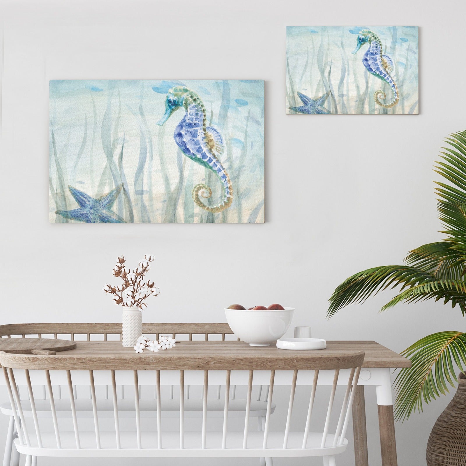 Undersea Friends seahorse canvas print, blue and green watercolor, home decor, made in USA