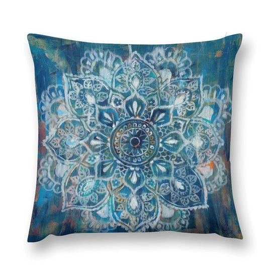 Plush throw pillow cover with a detailed blue and white mandala design, perfect for sofa or couch