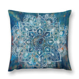 Decorative plush pillow cover with blue and white mandala design for sofa or living room