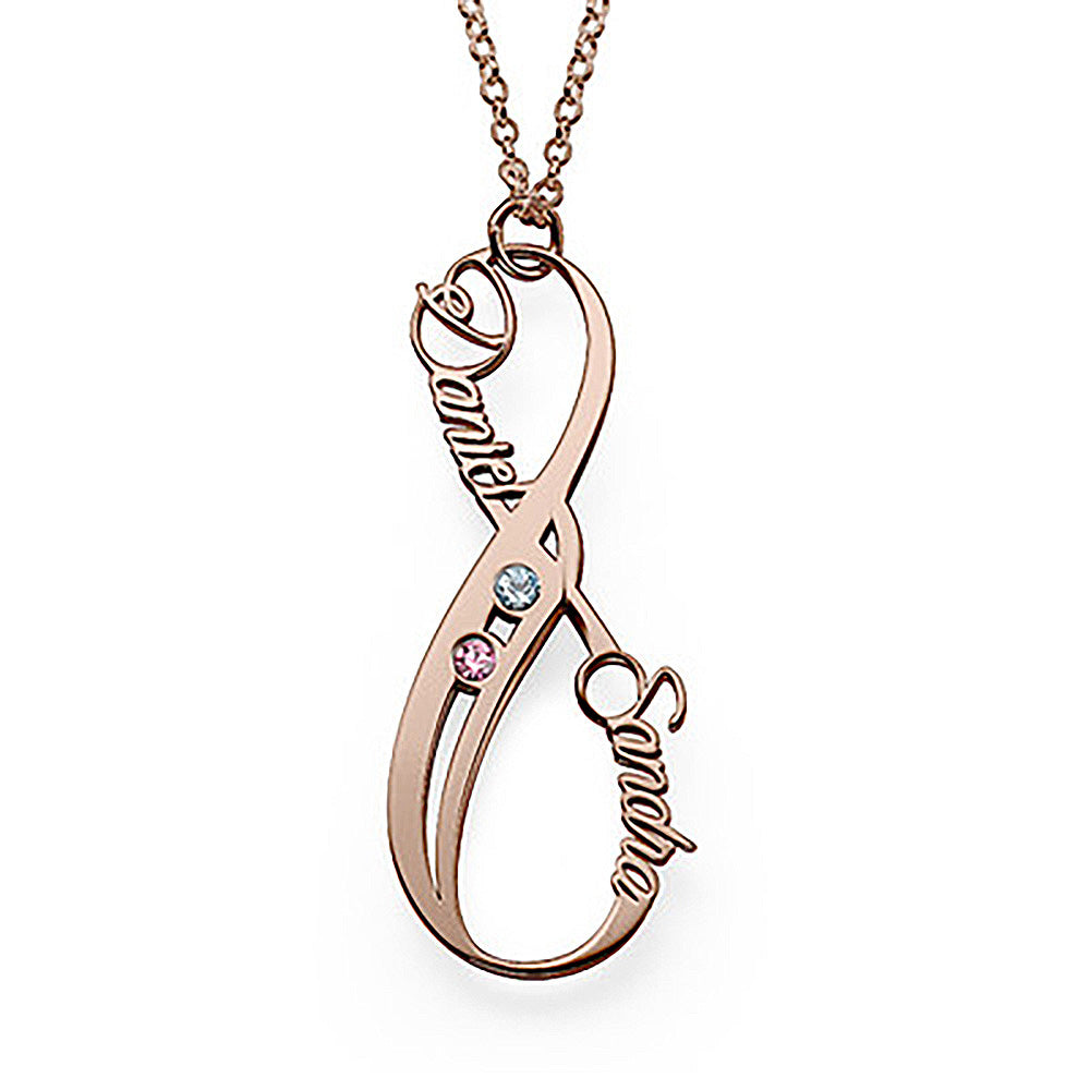 Rose gold personalized infinity necklace with Daniel and Sandra names, custom anniversary jewelry.