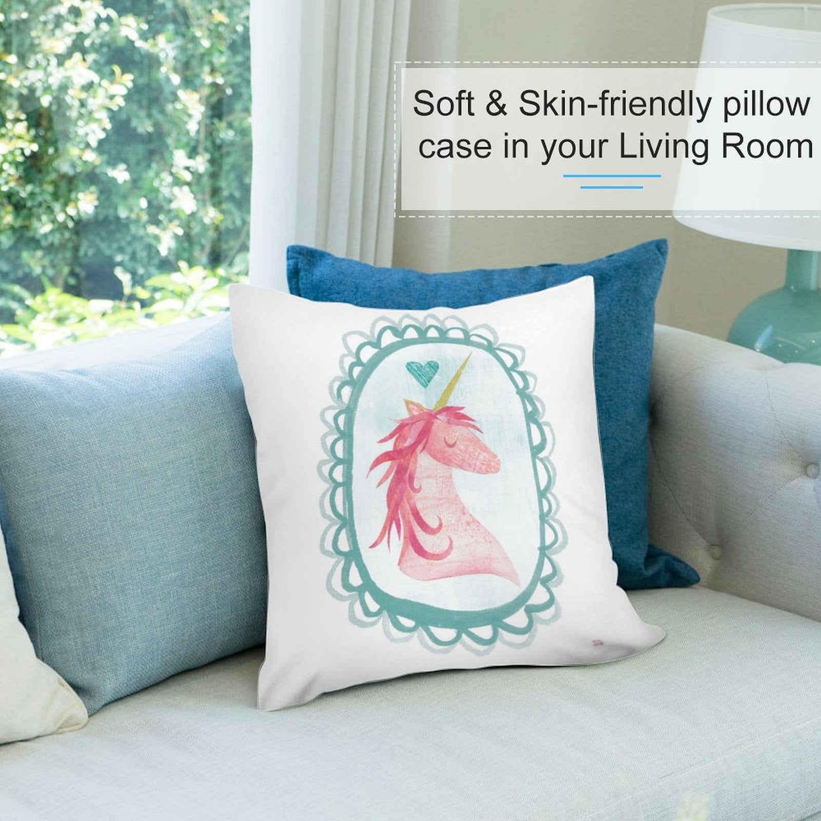 Soft plush unicorn pillow cover for sofa, Living Room, featuring a pink unicorn art, skin-friendly material
