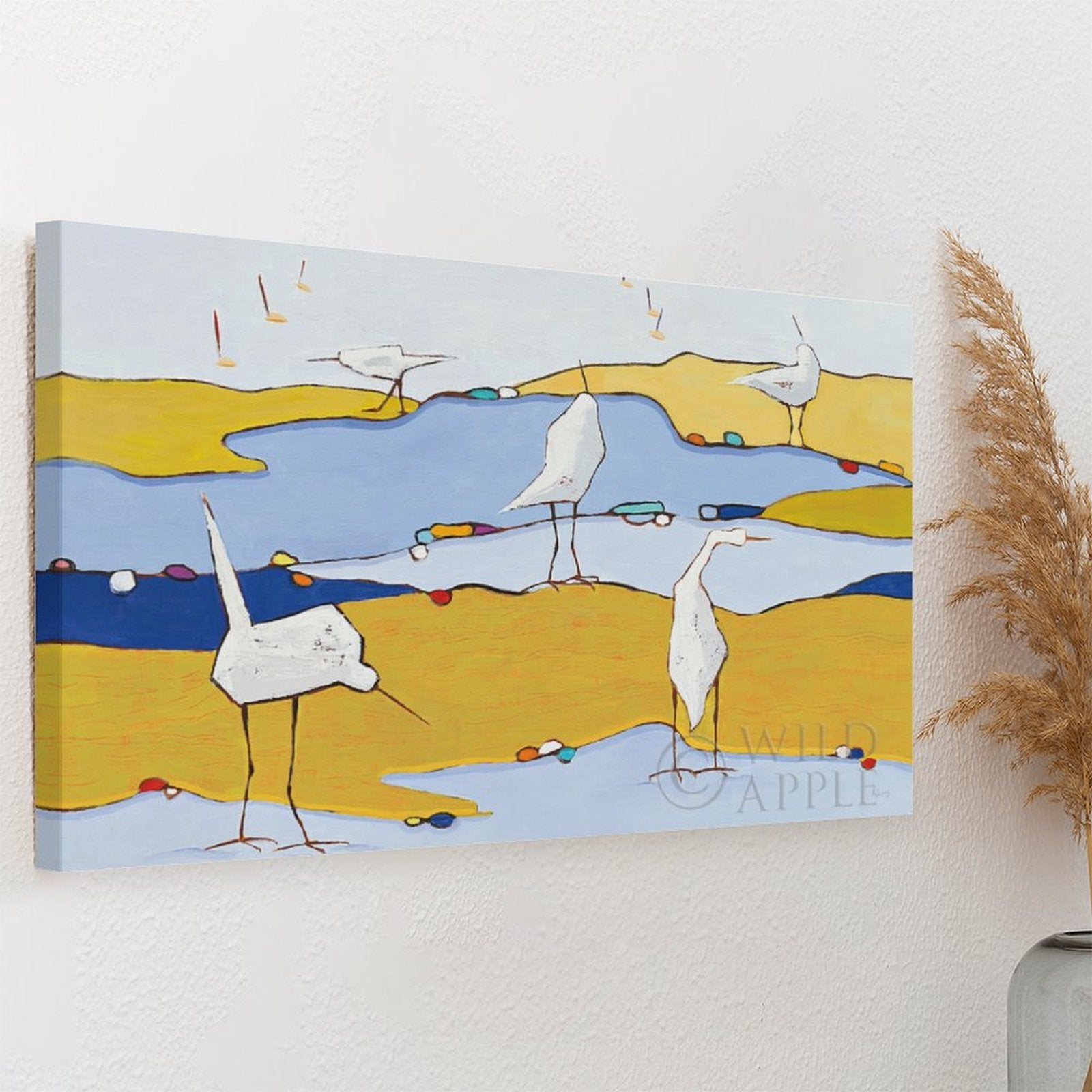 Canvas print with white birds on a yellow and blue landscape, Wild Apple wall art for home decor, made in USA.