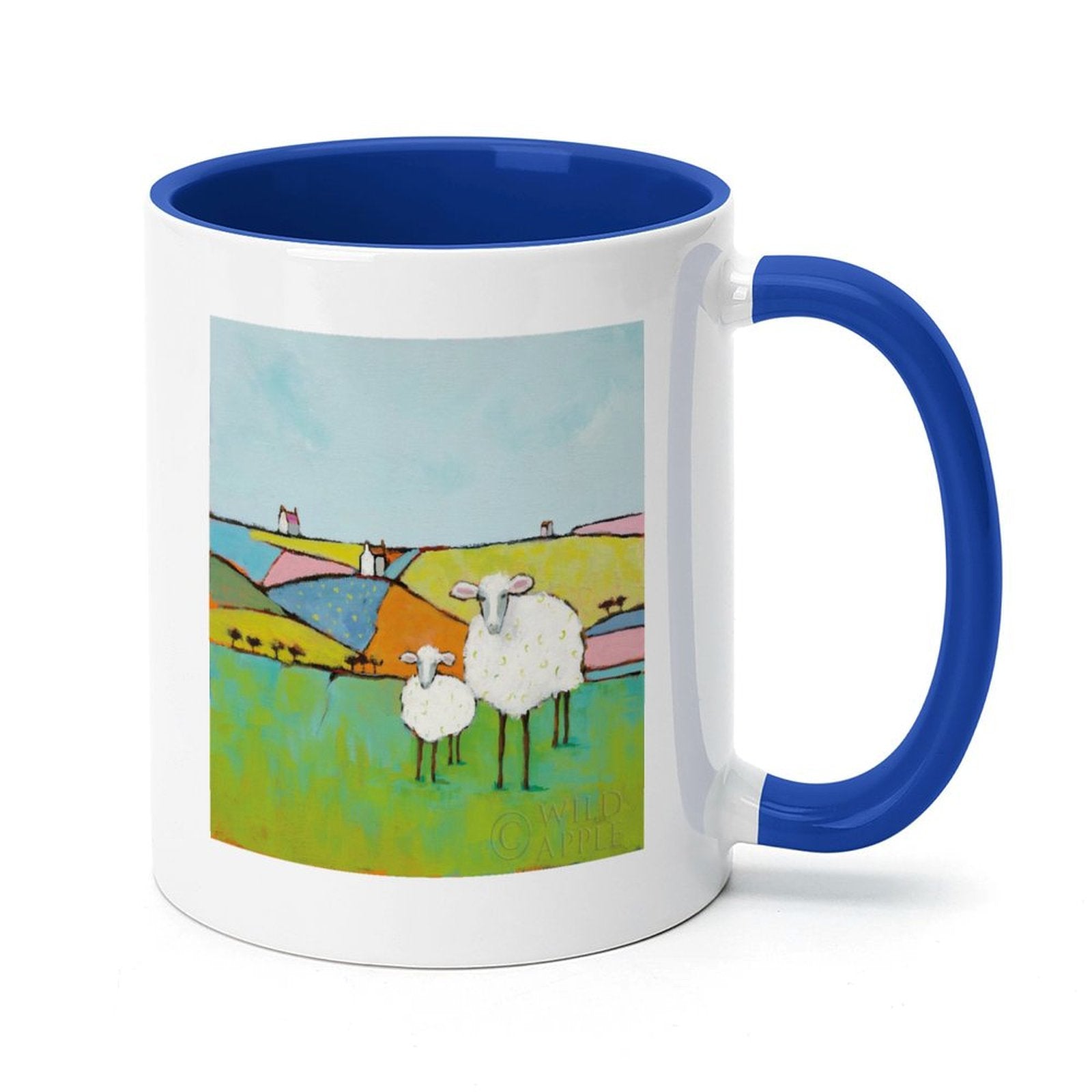 White ceramic mug with sheep artwork, blue interior and handle, perfect personalized gift from MyArtsyGift