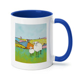 White ceramic mug with sheep artwork, blue interior and handle, perfect personalized gift from MyArtsyGift