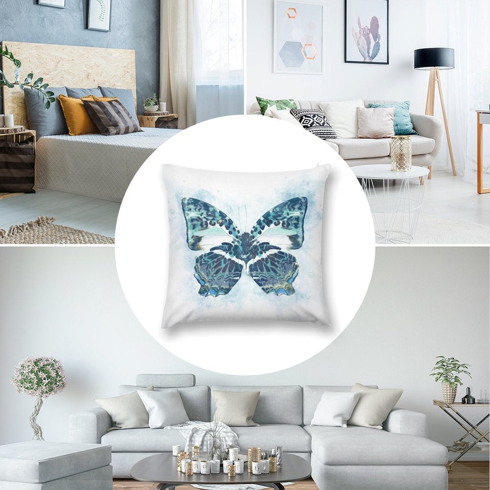 Square throw pillow cover with blue watercolor butterfly design for sofa or home decor, short plush material