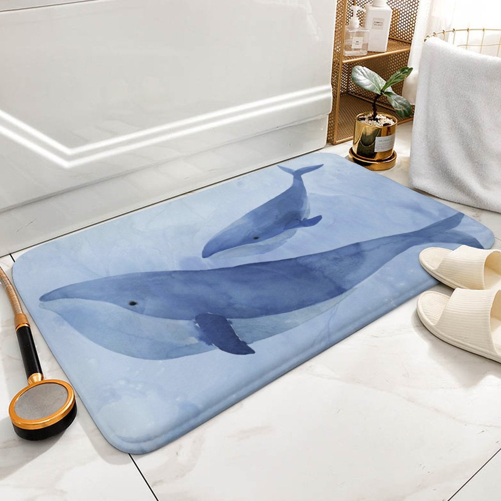 Blue whale watercolor bath rug for bathroom, coral velvet non-slip floor carpet