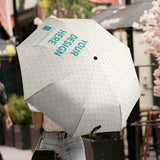 Customizable 3-fold umbrella with 'Your Design Here' design, UV resistant, and windproof.