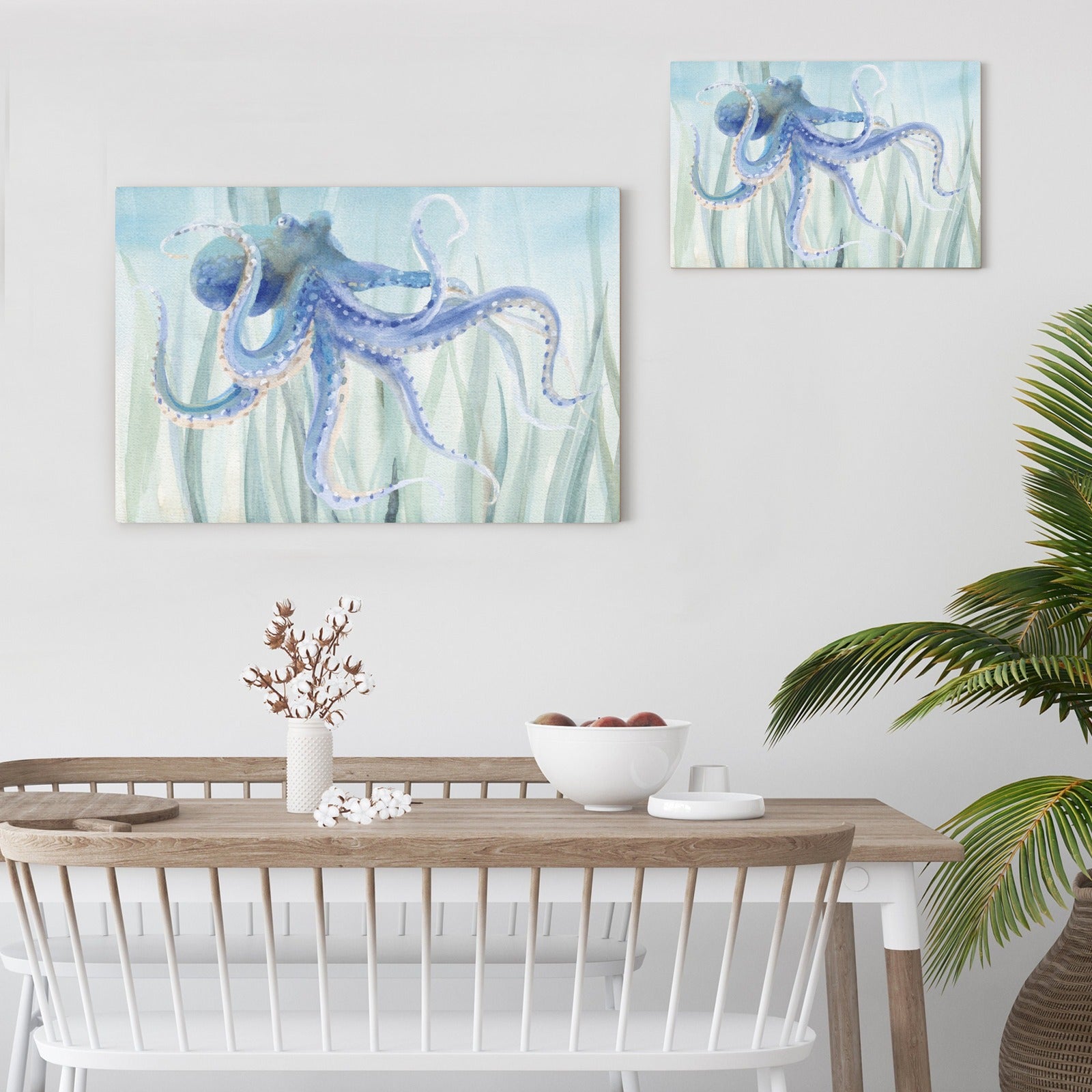 Undersea octopus canvas print, blue octopus art, Made in USA for home decor, modern minimalist style.