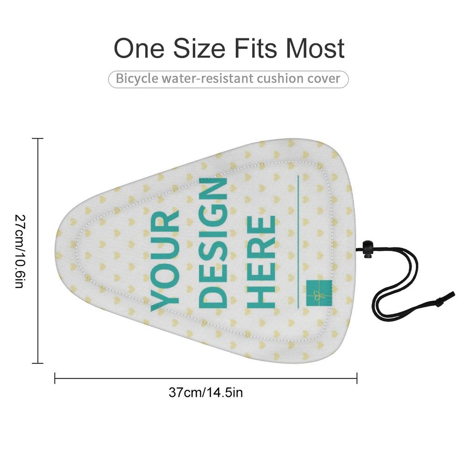 Customizable bicycle seat cover with 'YOUR DESIGN HERE' text, waterproof and adjustable, suitable for various bike models