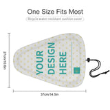 Customizable bicycle seat cover with 'YOUR DESIGN HERE' text, waterproof and adjustable, suitable for various bike models